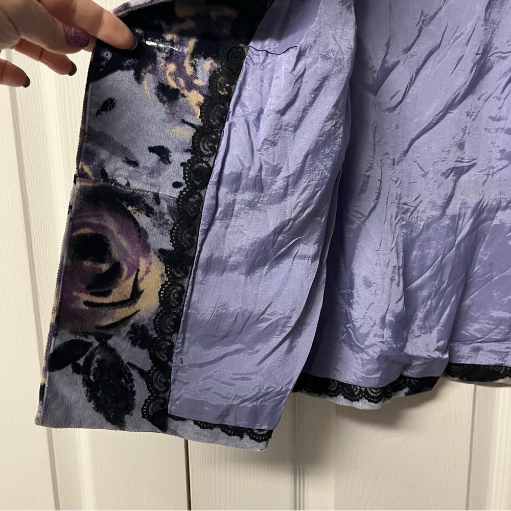 Anthropologie Odille Periwinkle Blue Purple Floral Velour Velvet Lined Jacket - Picture 14 of 16